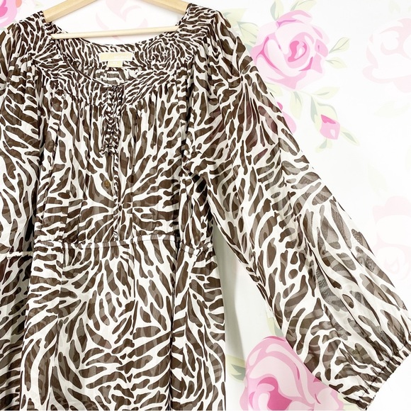 Michael Kors Brown Animal Print Silk Front Tie Blouse 3X - Picture 7 of 15